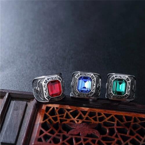 New Retro Bohemian Green Crystal Inlaid Ring for Mens Fashion Punk Rhinestone Ring Accessories Party Jewelry Size 7-12