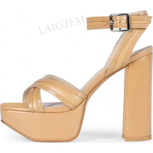 LAIGZEM Women Sandals Ankle Strap Open Toe Thick Chunky Heels Pumps Silver Nude Black Spring Summer Shoes Woman Size 39 41 43