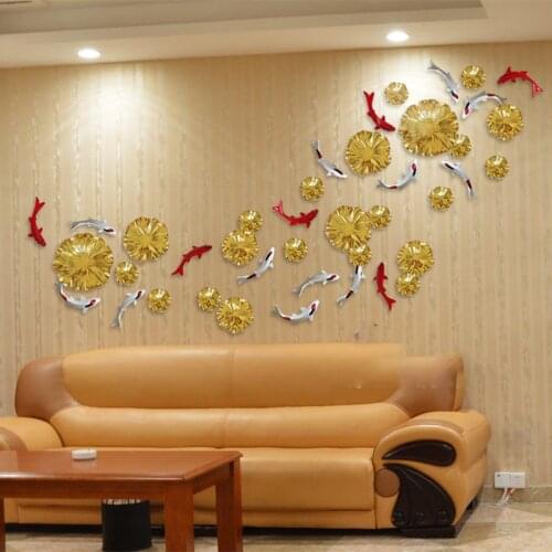 Home Wall Hanging Resin Lotus Leaf Fish Model Crafts Decoration Wall Background Mural Ornaments Livingroom Wedding Wall Sticker