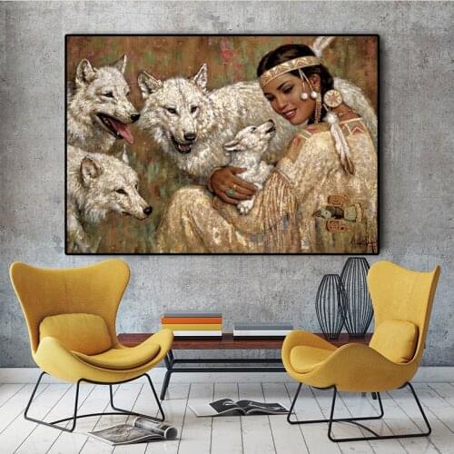 Native Indian Girl with Wolf Oil Painting on Canvas Art Posters and Prints Scandinavian Wall Picture for Living Room