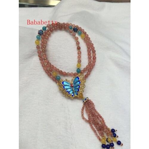 Natural red stone and multicolor natural stone necklace sweater chain 25" 5-6MM necklace butterfly pendant 002