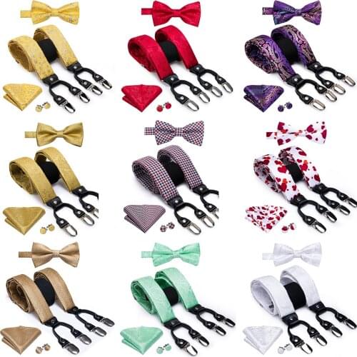 Hi-Tie 45 Color Suspender for Men 100% Silk Bowtie and Suspender Set Luxury Brown Black Vintage Paisley Floral 6 Clips Braces