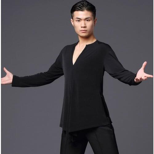 Professional Latin Dance Long-Sleeved Shirt Male Ballroom Practice Clothes MenS Sexy V-Neck Tops Competition Shirts DWY2648