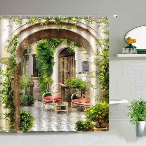 Bathroom Decor Cloth Curtains Waterproof Shower Curtain Set Polyester Bath Accessory Ancient Arch With View On The Sea And Pier
