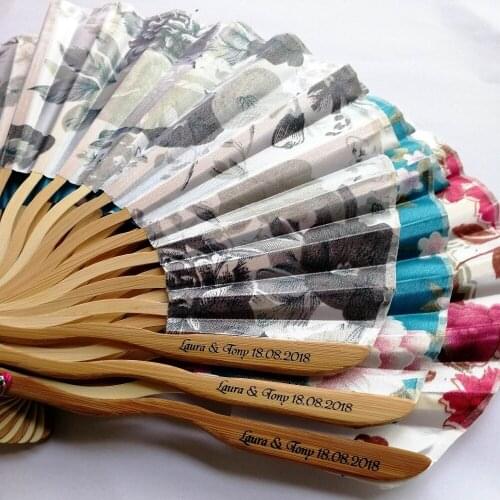 Free Shipping 20pcs Personalized Chinese Japanese Fabric Floral Round Folding Hand Fan with Gift Bags Wedding Party Supplies