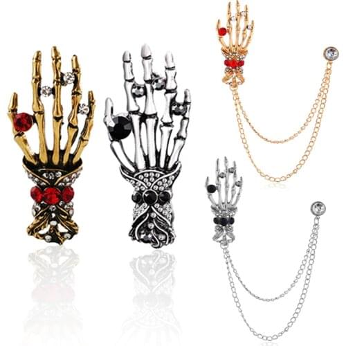 Vintage Skeleton Hand Rhinestone zircon Brooches Punk Skull Hand Bone Chain for Men Badge Lapel Halloween Pin Broche Bijoux