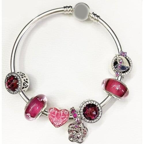 XIAOYI 100% s925 new 2020 Christmas winter Pink love heart coloured glaze flower elegant bracelet fashionable female