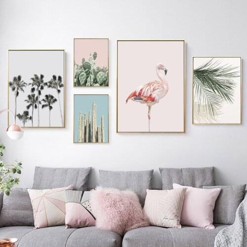 Green Cactus Decoration Plant Wall Art Canvas Poster and Print Bird Flamingo Painting Long Picture for Living Room Home Decor