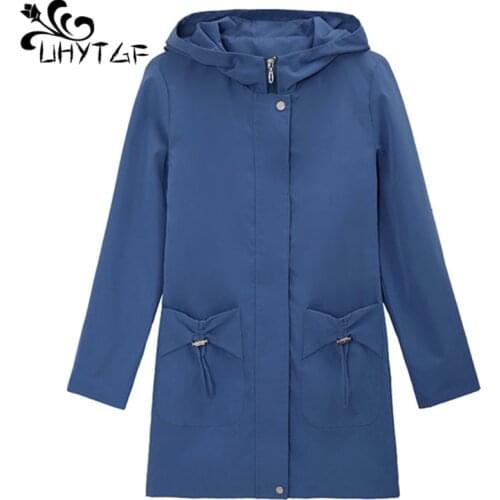 UHYTGF Womens Windbreaker Mid-Length Spring Autumn Trench Coat Female Hooded Casual Loose Plus Size Outwear Elegant Clothes 1214