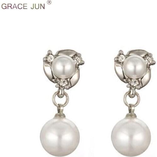GRACE JUN Korea Style Simulated Pearl Rhinestone Leaf Flower Animal Geometric Clip on Earrings No Pierced for Women 19 Colors