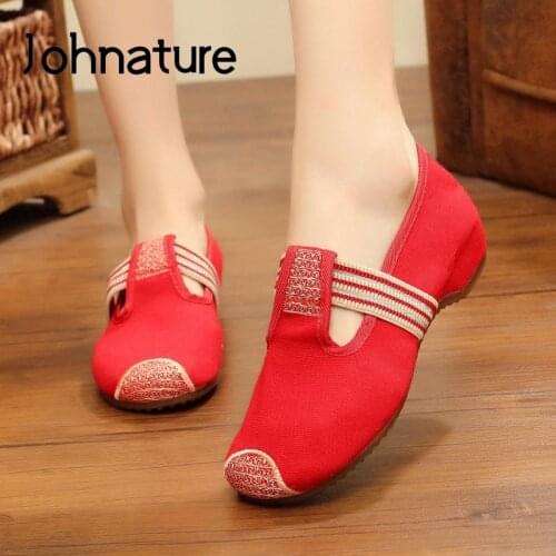 Johnature 2021 New Flats Women Shoes Cotton Fabric Concise Leisure Shallow Soft Comfortable Round Toe Casual Shallow Lady Shoes