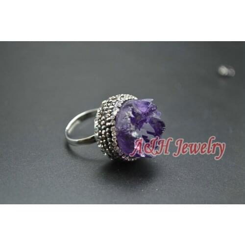 1pc Natural Semi-precious Stone Uruguay Drusy Crystal Adjustable Ring For Men and Women Rhinestone Paved Jewelry