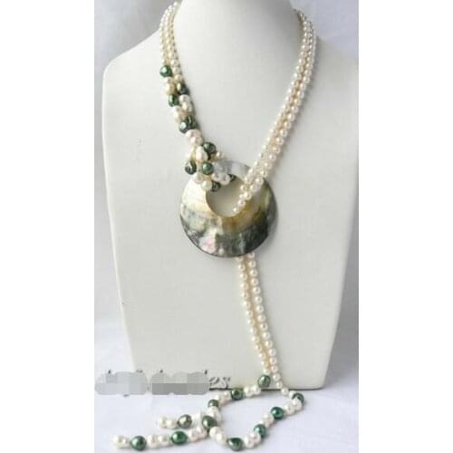 2Strands 45'' White Round Green Baroque Freshwater Pearl Shell Pendant Nacklace