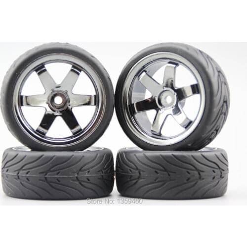 4pcs RC 1/10 Soft Rubber On Road Car Tire Tyre Wheel Rim W6SCH 3mm Offset(Chrome Gray) 10012(3)+Rubber Tire
