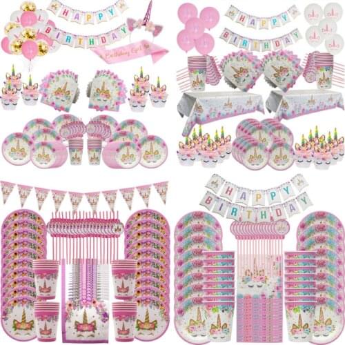 93pcs Unicorn Disposable Tableware Birthday Party Decor Paper Plates Napkin Cups Unicorn Party Supplies Baby Shower Home Decor