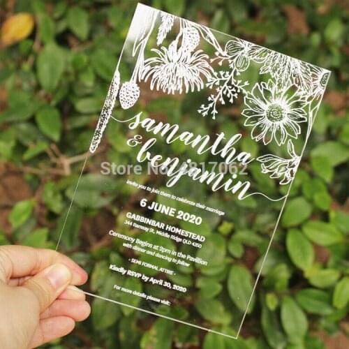 Acrylic invitations, laser engraved acrylic stationery