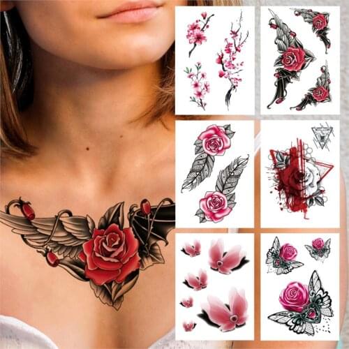 Watercolor Feather Flower Temporary Tattoo For Women Girls 3D Butterfly Rose Tattoos Sticker Geometric Sexy Chest Tatoos Neck