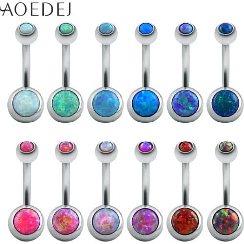 AOEDEJ 12 Pcs/Lot Opal Belly Button Rings Stainless Steel Belly Navel Piercing 8mm Wholesale Nature Stone Blue Fire Opal Jewelry