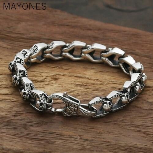 11mm width Real 100% 925 Sterling Silver Skeleton Bracelet for Men Women Vintage Punk Rock Skull Charm Chain Bracelet