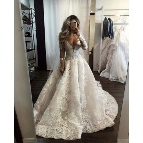 HL Glamorous Robe De Mariee Plunging V Neck Sheer Tulle Long Sleeve Floor Length A Line Lace Wedding Dresses 2020