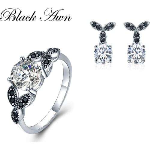 [SODROV] 925 Sterling Silver Fine Jewelry Sets Trendy Engagement Wedding Ring+Earring for Women TR035