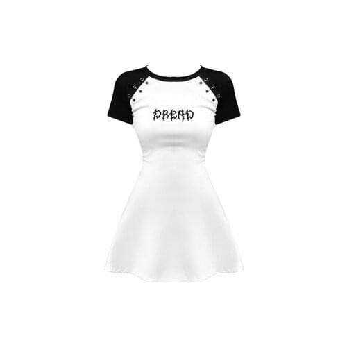 Summer Dress Women Mini Black White Stitching Embroidery A-Line Dress O Neck Short Sleeve Slim Goth Girl Sexy Short Dresses