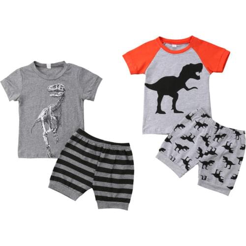 Toddler Baby Boys Summer Fashion Casual Clothes Sets 2PCS Short Sleeve Cartoon Dinosaur Print Grey T-Shirts Tops+Shorts 1-7Y