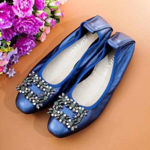 AUCVEE Genuine Leather Shoes Women Comfortable Loafers Women Square Toe Ladies Ballet Flat Vintage Shoes Summer Women Boat Shoes