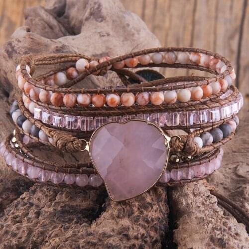 MD Fashion Handma Boho Bracelet Mixed Natural Stones Heart Charm 5 Strands Wrap Bracelets Women Gift DropShipping