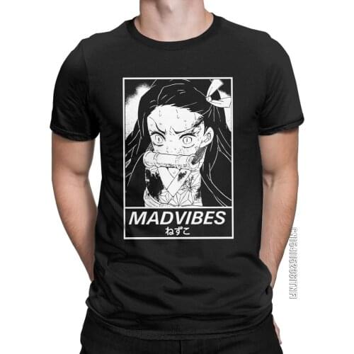 MADVIBES Nezuko Men T Shirts Demon Slayer Funny Tees Classic Short Sleeve O Neck T-Shirts 100% Cotton Printing Tops