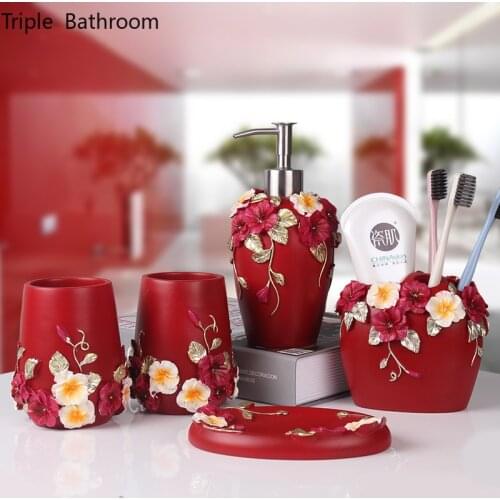 European style resin Five-piece set Bathroom Accessory Set Soap dispenser Couple gargle cup Toothbrush Holder Wedding gifts