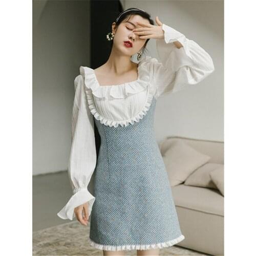 SWEETXUE 2021 New Fashion Elegant Chic Womens 2-Piece Set Square Neck Flare Sleeve White Shirt + Strap Skirt Suits