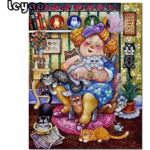 Full square/round drill diamond mosaic cartoon fat lady and cats 5 d drill diy diamond embroidery woman & animals diamond paint