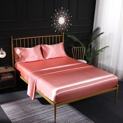 Imitated Silk Bed Linens Flat Sheet+Fitted Sheet+Pillowcase Soft Bedding Cover Set Single/Double/King/Super King Size Pink