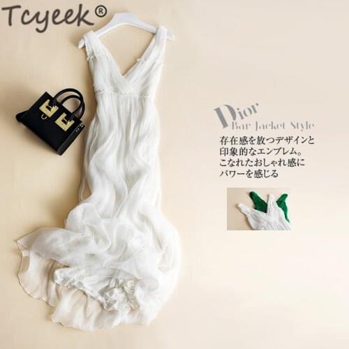 Tcyeek Summer boho 100% Real Silk Dress Women Maxi Vestidos Korean Long Sexy V Neck Dresses Woman Vintage Beach Party Dresses LW