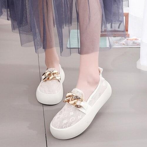 Fashion Women Flats Slip on Mesh Shoes Woman Metal Chain Hollow Light Sneakers Spring Autumn Loafers Femme Basket Flats Shoes