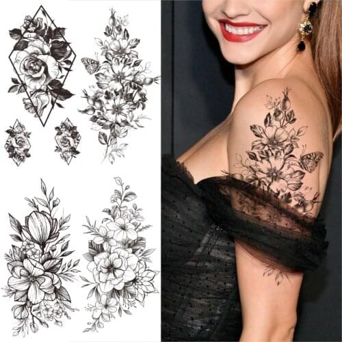 Unique Daffodil Flower Temporary Tattoos For Women Men Geometric Rose Peony Fake Tattoo Sticker Forearm Half Sleeve Thigh Tatoos
