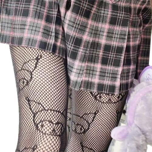 Japanese Anime Lolita Pantyhose Cartoon Devil Pattern Jacquard Tights Gothic Women Hollow Out Mesh Fishnet Stockings