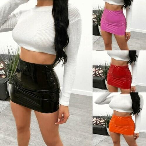 Hirigin Women Bright leather Comfort High Waist Mini Pencil Skirt Party pu latex fabric Zip Bright Leather Skirt
