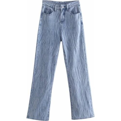 Women harajuku Casual Korean Printed straight Jeans loose high-waist denim Wide-legged pants pocket vintage Streetwear Trousers