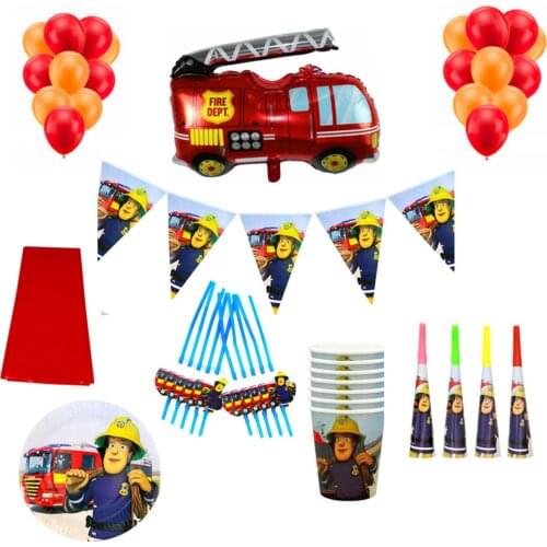 60Pcs Fireman Kids Birthday Party Decor Supplies Baby Shower Sam Disposable Tableware Balloons Horns Tablecloths Cups Plates