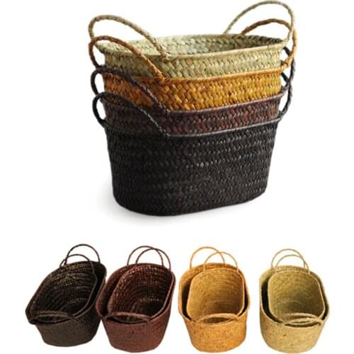 Behogar Rustic Rattan Straw Woven Basket Handmade Laundry Toys Holder Storage Organizer Home Indoor Decorations 30 x 20cm
