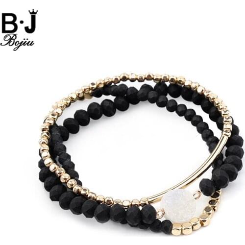 BOJIU 3 Pcs/Set Wihte Quartz Black Crystal Bracelets For Women Copper Nuggets Gold Tube Tiny Beads Bracelet Party Gift BCSET178