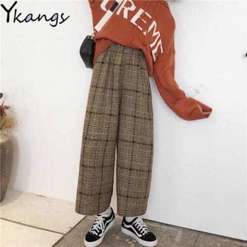 Casual Plaid Straight Elastic High Waist Pants Wide Leg Pants for Women Joggers Harajuku Style Baggy Korean Trousers Female New