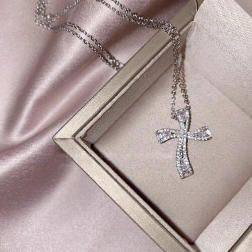 Bling Zirocn Stone Yellow Gold Color Cross Pendant 925 Sterling Silver Long Chain for Women Fashion Jewelry 2020 New Best GIft
