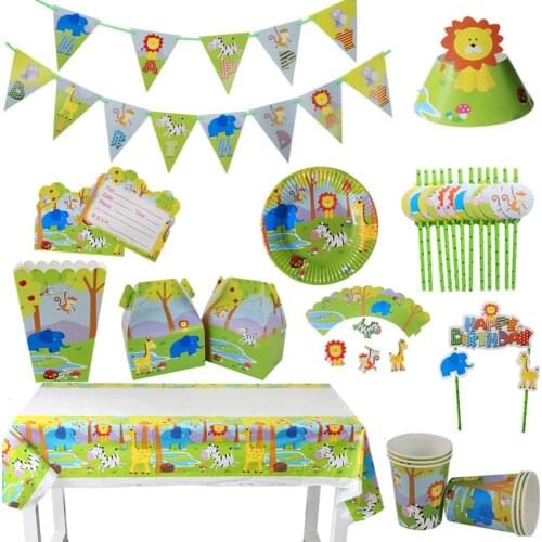 Kids Happy Birthday Decorations Animal Banner Forest Lion Zebra Monkey Giraffe Paper Cups Plates Straw Napkins Safari Party