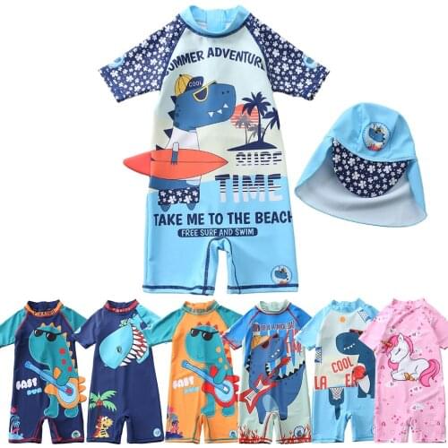Baby Swimsuit One Piece with Hat UV Protection Bathing Suit Boy Dinosaur Print Kids Swimwear for Boys Children Swimming Suits