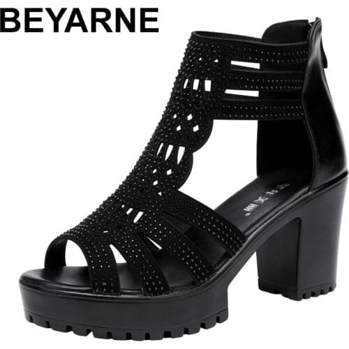 BEYARNE Small Plus Size 32-43 Open Head Sexy Rivet Block Heel Platform Shoes Summer 2021 Back Zip High Heels Gladiator Sandals