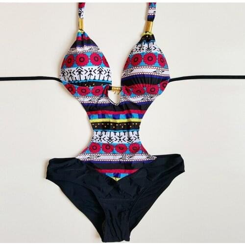 Hot Sale Popular Print One Piece Swimsuit Push Up Bikini Bathing Suits Adjustable High Waist Neck Halter Spa Swimwear 02