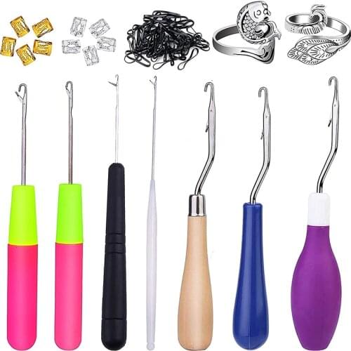 Imzay 7 Pcs Latch Hook Crochet Needles With Adjustable Knitting Crochet Loop Rings And Dreadlocks Hair Rings For Braid Hair